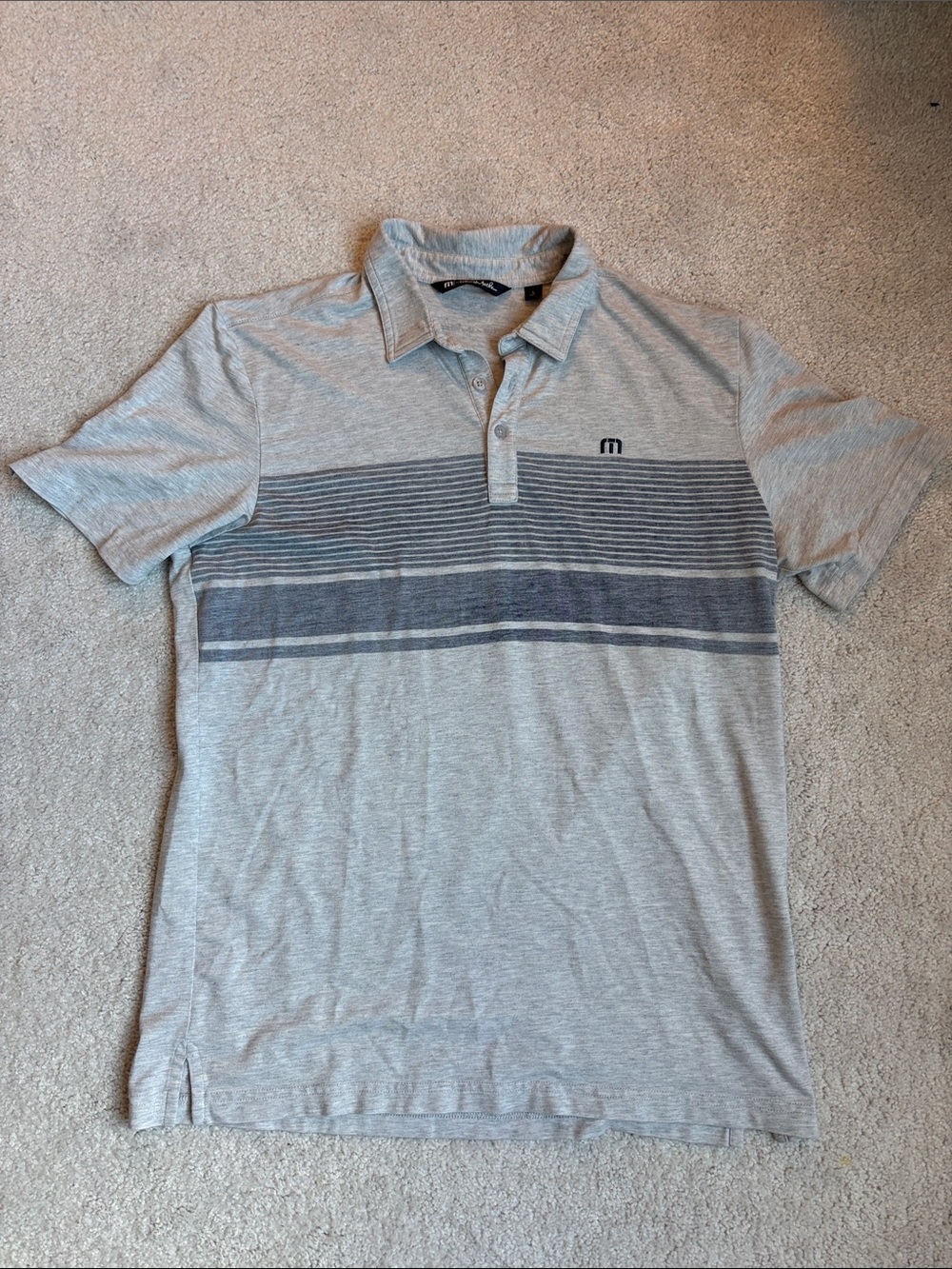 Travis Mathew Light Gray Polo with Navy Stripes